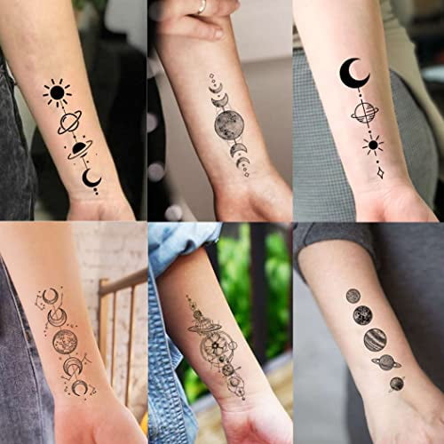 Shegazzi 15 Sheets Realistic Space Planets Chain Temporary Tattoos For Women Men Arm Neck, Butterfly Solar System Moon Sun Star Fake Tattoo Sticker, Small Universe Tatoos Kids Girls Boys Forearm Body -
